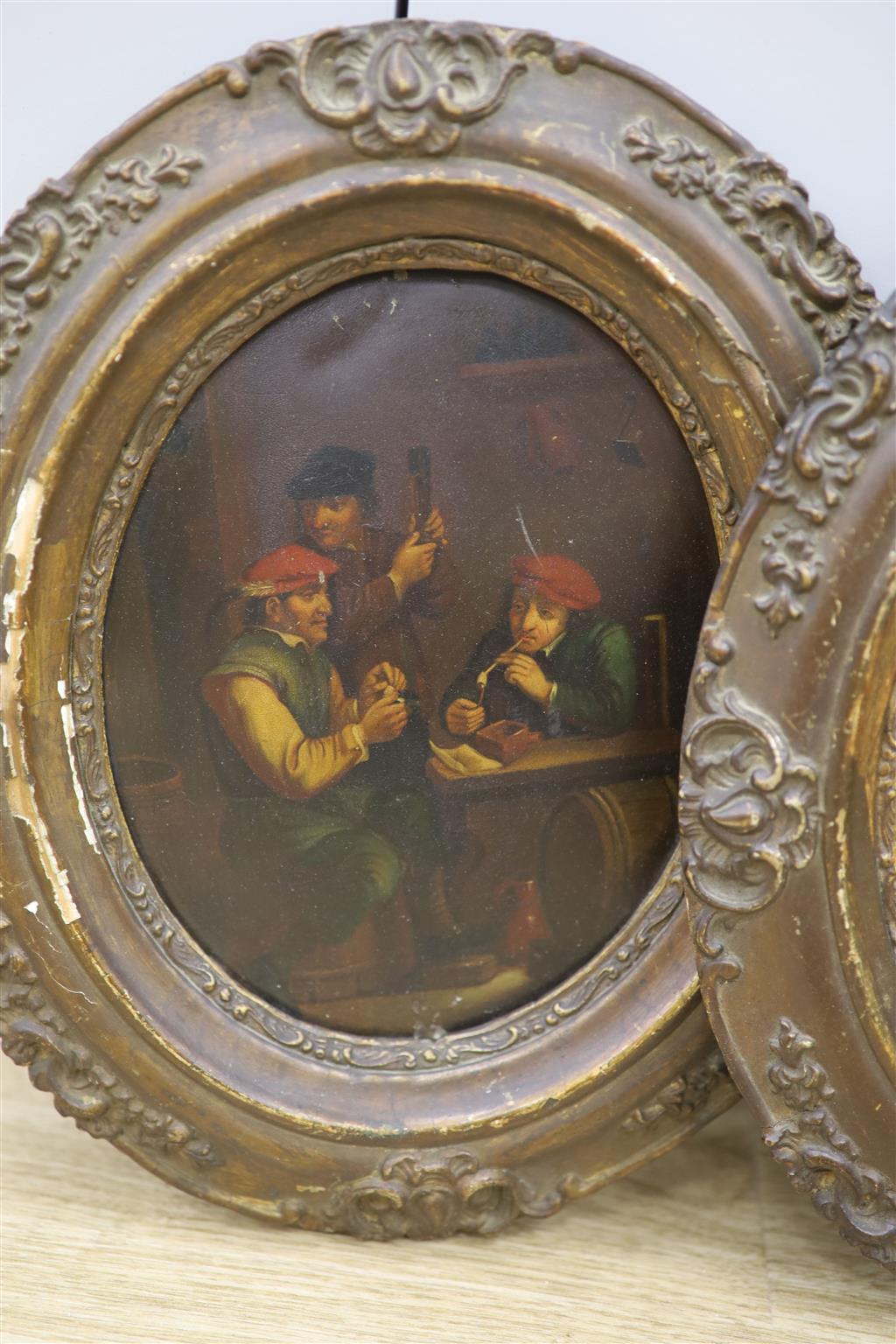 19th century German School, pair of oils on zinc, Tavern interiors, oval, 20 x 16cm
